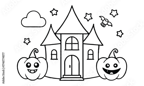 Whimsical black and white outline drawing of a spooky haunted castle with smiling jack o lanterns and stars for a fun halloween coloring page for children
