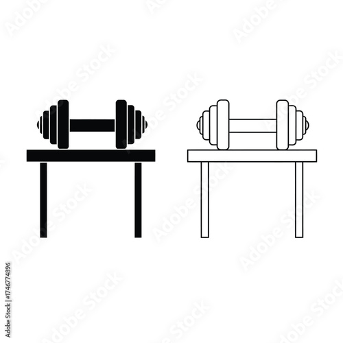 Dumbbells on Table, Black and White Outline weight exercise fitness gym workout strength training icon symbol sport equipment