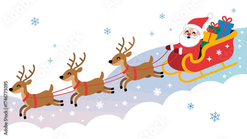 Santa Claus in sleigh with reindeer flying in a cheerful Christmas illustration 