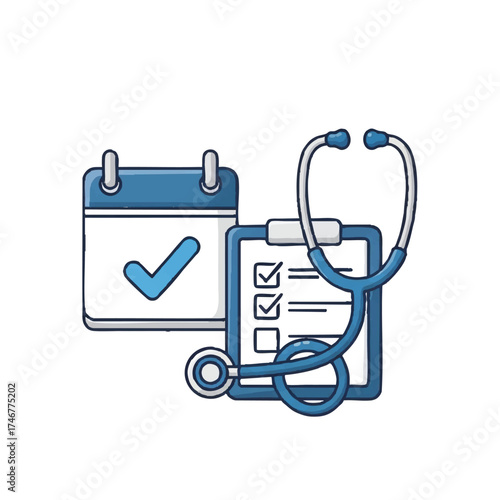 Healthcare Checkup: A visual representation of health, featuring a calendar indicating an appointment, a checklist signifying health assessments, and a stethoscope symbolizing medical care.