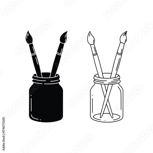 Paintbrushes in Jars Line Art artist tool drawing illustration black white craft hobby creative design graphic icon symbol artwork