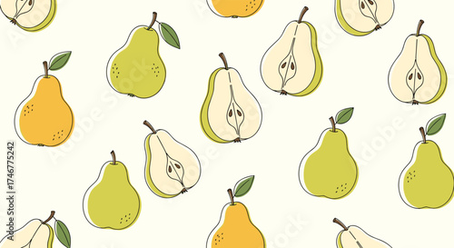 A delightful collection of ripe pears and their cross-sections scattered across a light background.