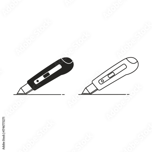 Utility Knife Icon Set cutter blade cutting tool sharp office craft box stationary design vector illustration graphic line art