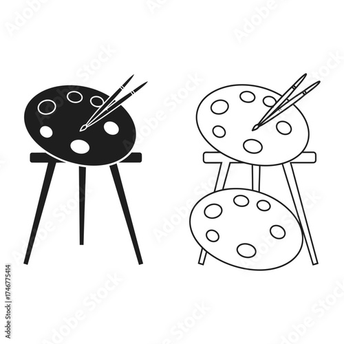 Artist s Palette and Brushes on Easel Line Art paint drawing illustration black and white graphic design creative studio artwork