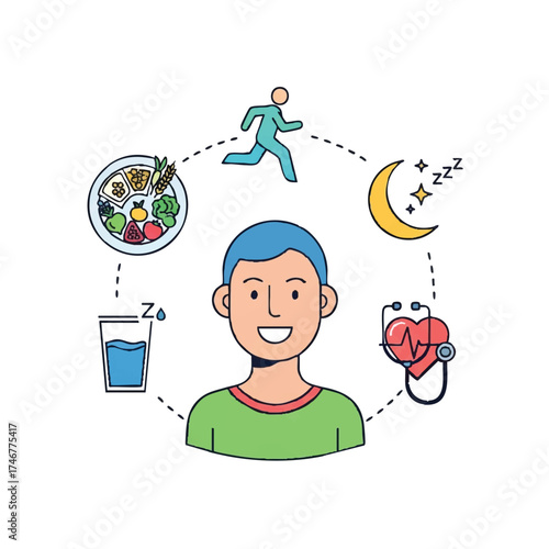 Wellness Circle: A visual depiction of a healthy lifestyle encompasses various aspects such as balanced nutrition, regular exercise, restful sleep, and cardiac health, centered around a person