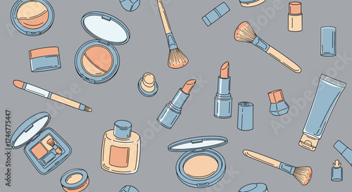A collection of colorful makeup and beauty products arranged in a playful pattern.