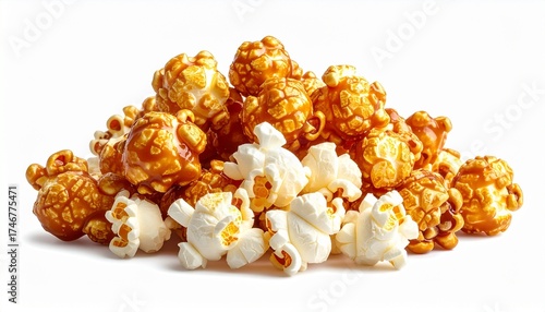 Pile of glossy caramel popcorn with scattered plain kernels on white surface