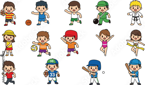 Diverse cartoon kids playing sports, football, basketball, karate, swimming, tennis, gymnastics, soccer, active children promoting healthy lifestyle