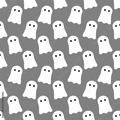 Autumn cartoon seamless pattern with ghosts on gray background. Halloween. Design for textile and fabric, wrapping paper, notebooks, notepads
