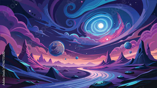 Vibrant Alien Landscape with Swirling Galaxy and Distant Planets Perfect for SciFi Book Covers and Imaginative Concept Art Featuring Dramatic Skies