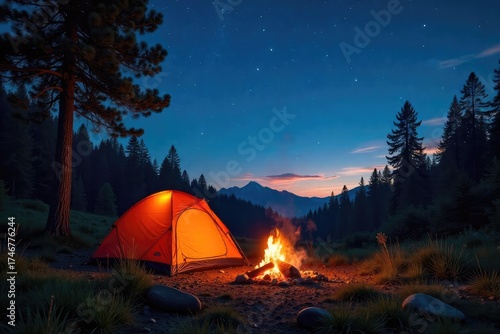 A crackling campfire under a star-filled summer sky, illuminating a tent pitched in a lush forest clearing Perfect for travel, adventure, and outdoor lifestyle imagery , light, landscape