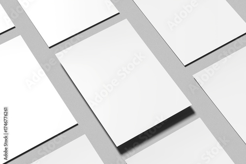 Blank white paper mock up isolated on soft background.  A4 size mock up. 3D illustration. 