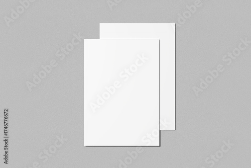 Blank paper sheets for brochure on grey background.  A4 size portrait mock up. 3D illustration. 
