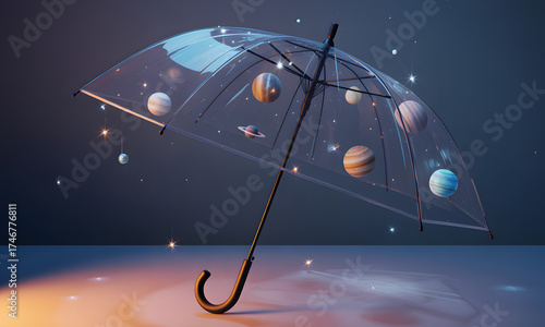 A transparent umbrella with planets and stars inside against a dark background