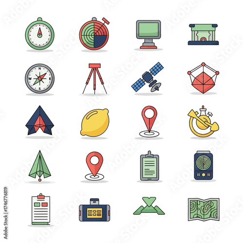 Collection of various travel and navigation icons compass, map, GPS, satellite, and surveying tools