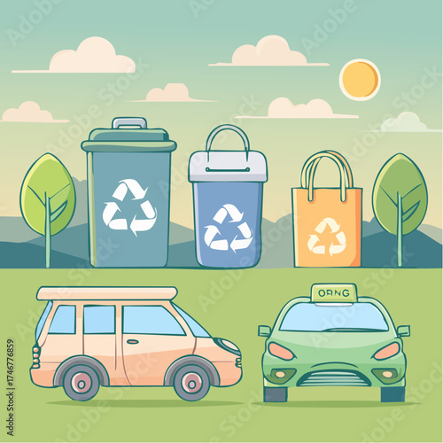 A colorful cartoon illustration featuring recycling bins a reusable bag and two cars in a simple landscape.