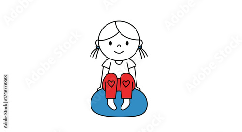 A whimsical drawing of a young girl sitting on a blue exercise ball with hearts