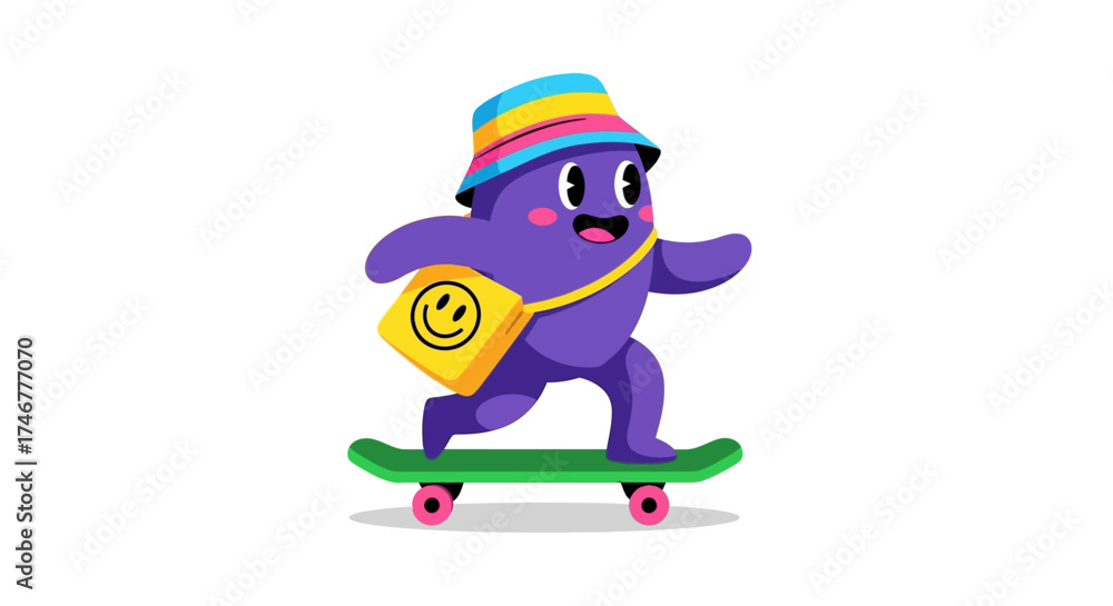 Fototapeta premium Playful Purple Cartoon Character on a Skateboard with a Smiling Face Bag full of fun