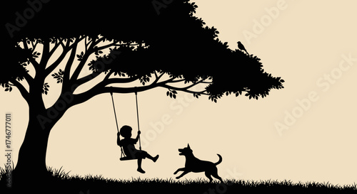 Silhouette depiction of childhood joy with a child on a swing beneath a tree and dog