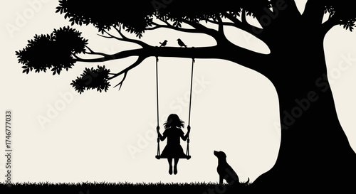 Silhouette illustration of a girl on a swing under a tree with a dog enjoying the peaceful day
