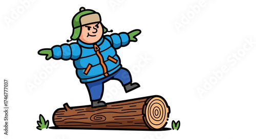 Cartoon illustration of a boy balancing on a log in winter attire with outstretched arms
