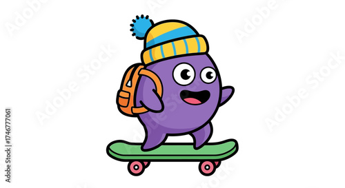 Cheerful purple cartoon character riding a skateboard with hat and backpack illustration