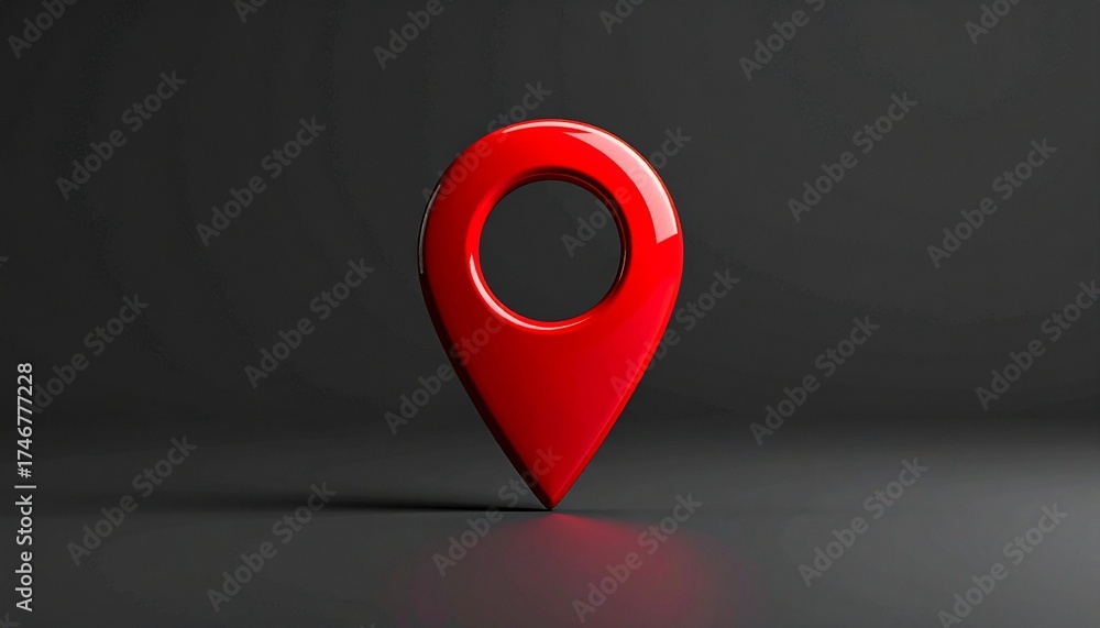 Fototapeta premium Glossy red 3D map pin with central hole standing upright on dark surface against black background