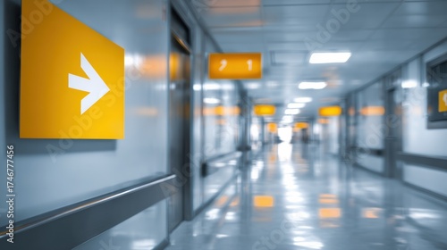 A modern hospital corridor featuring directional signs and bright lighting, conveying a sense of cleanliness and order.