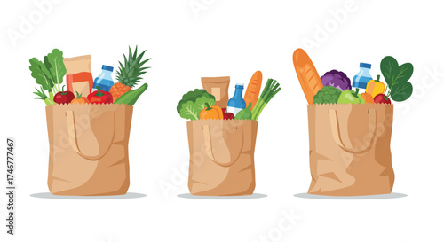 Three paper bags filled with fresh groceries and healthy food items. 