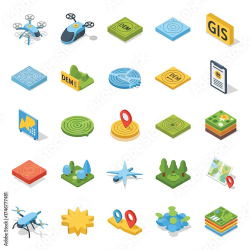 Isometric Vector Set Land Surveying & Topographic Mapping Icons