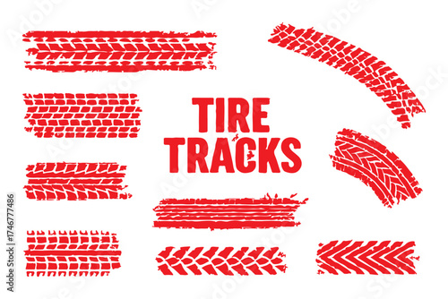 Tire tread marks, drift, motorsport, motocross, rally, tread mark with skid, grinding, splash effect. Graphic set of tire treads, wheel texture, car racing. Vector collection, wheel treads on asphalt 