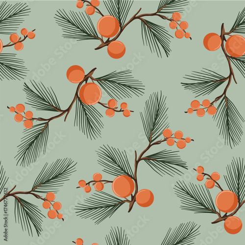 Christmas botanical pattern with pine needles and red berries
