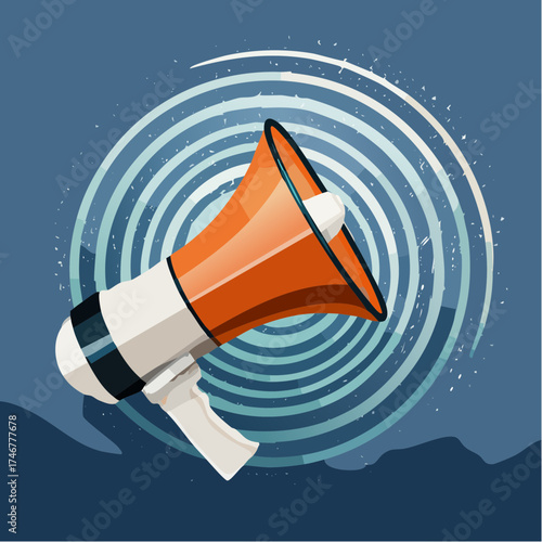 Vibrant orange and white megaphone broadcasting sound waves for announcement.