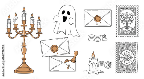 A spooky collection of halloween themed illustrations including a candelabra a ghost and envelopes.