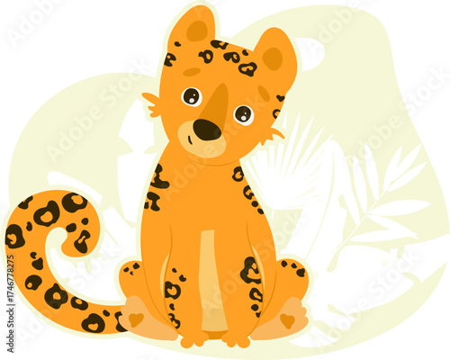 Little Leopard.  Cute cartoon leopard cub sitting among tropical leaves.