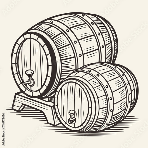 Hand Drawn Wine Beer Whisky Rum Bourbon Barrels Vintage Engraving Woodcut Vector Illustration
