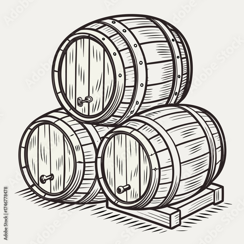 Hand Drawn Wine Beer Whisky Rum Bourbon Barrels Vintage Engraving Woodcut Vector Illustration
