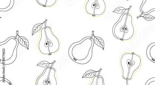 A delightful pattern of delicate hand drawn pears and leaves.