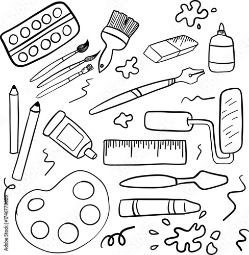 Set of artist supplies. Art and craft accessories such as brushes, knife, color, easel, palette. Vector illustration isolated on white background. Doodle hand drawn painting objects collection