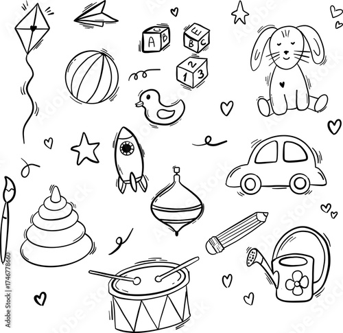 Hand-drawn children's toys collection: playful outlined icons featuring classic and modern favorites