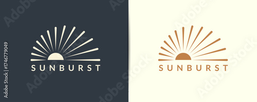 Minimalist Sunburst Logo Design with Radiating Lines and SUNBURST Text in Two Color Variations.