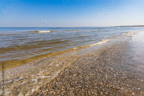 Fototapeta Naklejka Na Ścianę i Meble -  A vibrant stretch of Baltic Sea beach adorned with countless small, colorful seashells, creating a natural mosaic where sand meets the gentle waves
