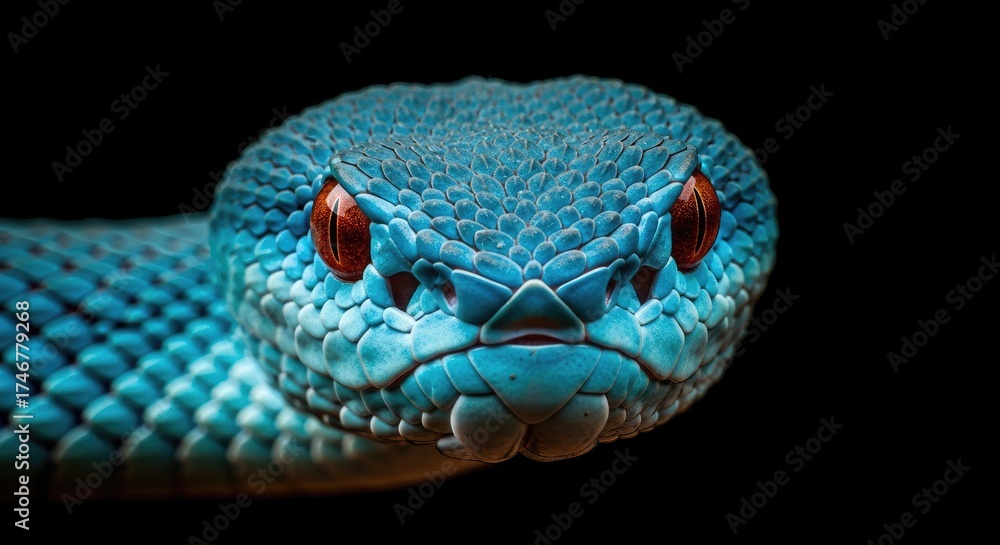 Fototapeta premium Close-up of a Blue Viper Snake Head with Red Eyes on Black 