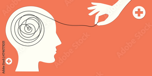 Psychologic therapy session concept with human head silhouette and helping hand unravels the tangle of messy thoughts with mental disorder, anxiety and confusion mind or stress.