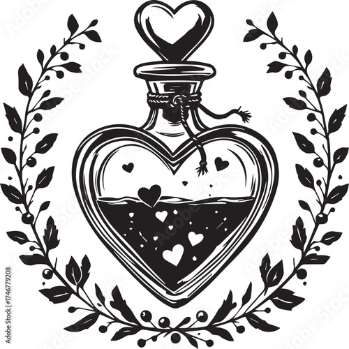 Love potion illustration — heart-shaped bottle with floating hearts, stopper, and leafy wreath in romantic black and white style