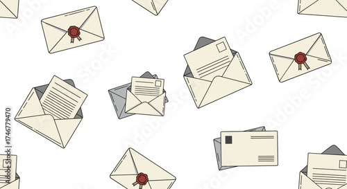 A charming pattern featuring many letters and envelopes scattered across a white background.