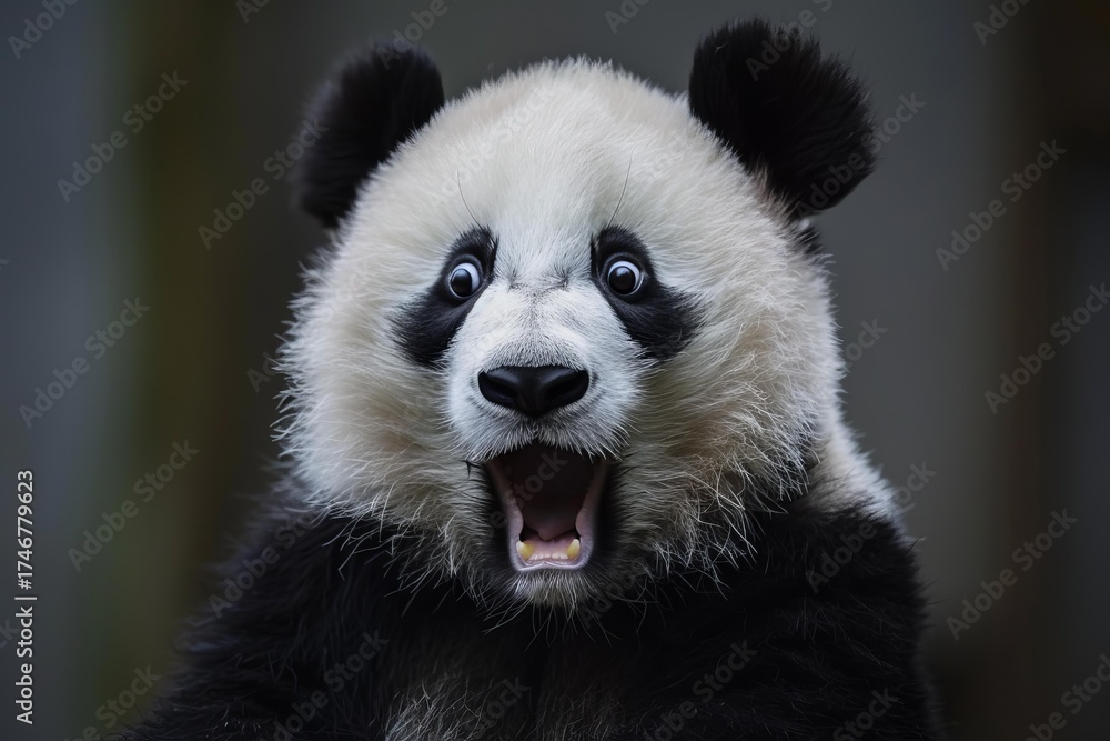 Naklejka premium Close up of a surprised giant panda bear with open mouth and visible teeth, expressing amazement and wonder