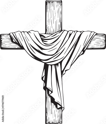 Christian cross illustration — black and white wooden cross with draped cloth symbolizing crucifixion and resurrection theme