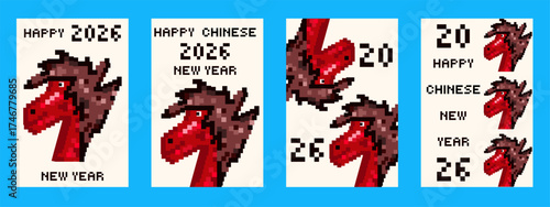 2026 Happy New Year. Pixel art vector 2026 greeting poster cover set with zodiac animal. Modern geometric Pixel retro stylish 2026 holiday card background brochure collection. EPS10