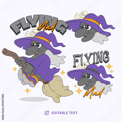 Flying Mad Witch Vintage Cartoon Halloween